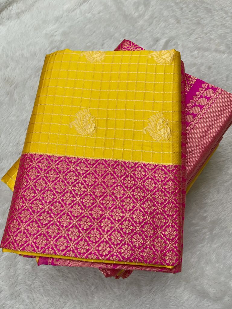 Woven Kanjivaram Jacquard, Pure Silk Saree  (Yellow)