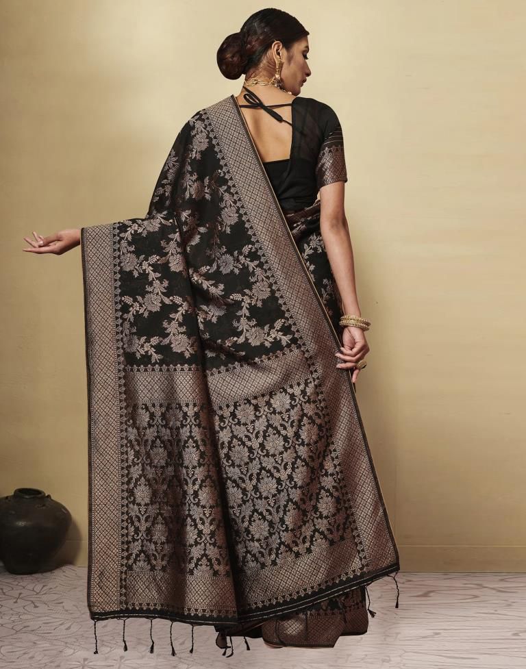 Woven Kanjivaram Pure Silk Saree  (Black)