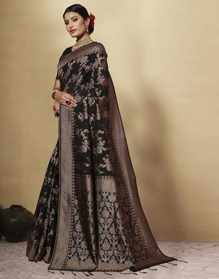 Woven Kanjivaram Pure Silk Saree  (Black)