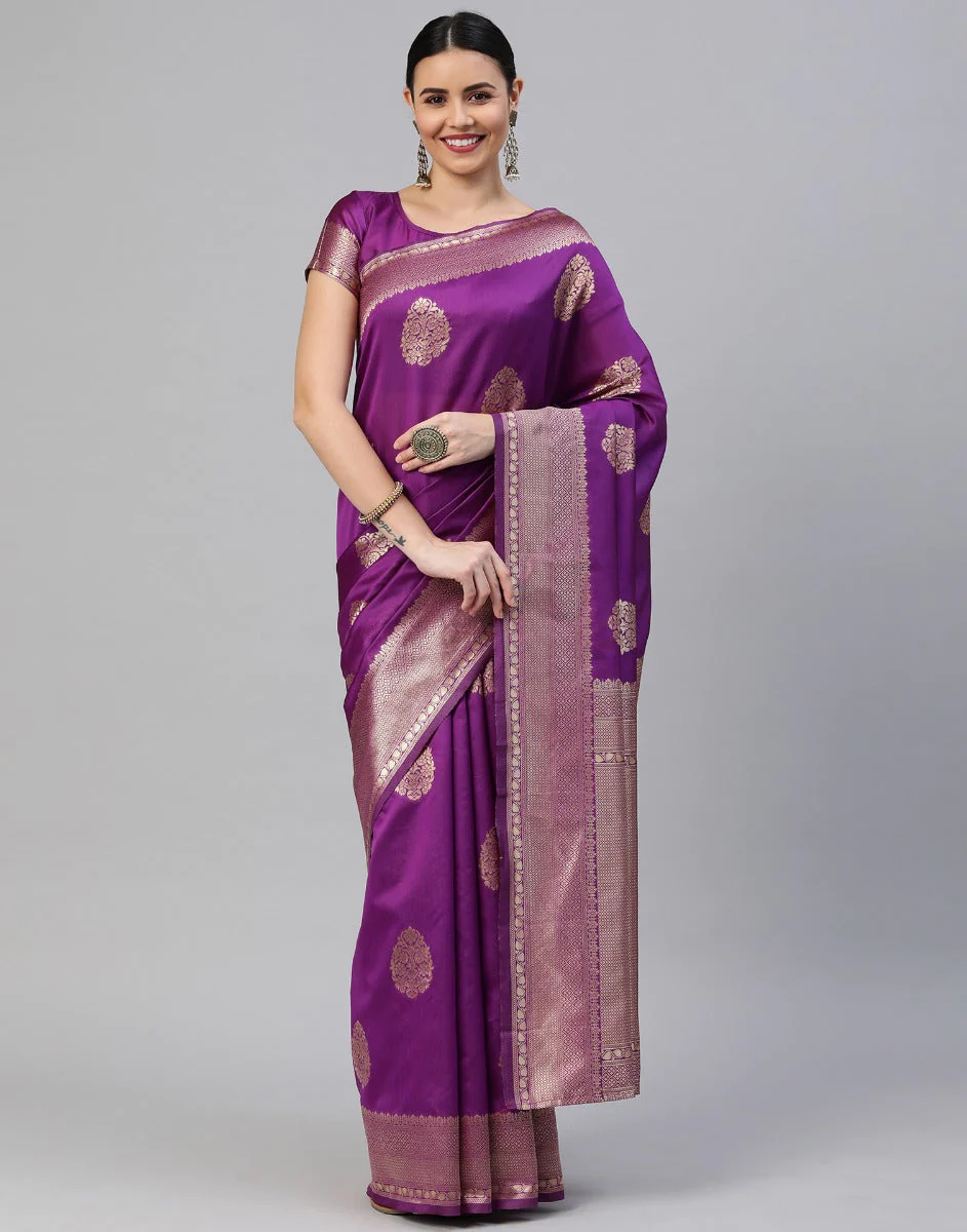 Woven Kanjivaram Silk Blend Saree  (Purple)