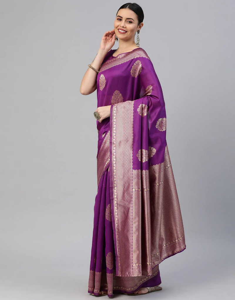 Woven Kanjivaram Silk Blend Saree  (Purple)