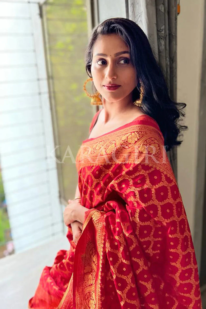 Woven Banarasi Pure Silk Saree  (Orange)