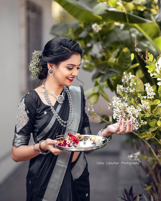 Woven Paithani Silk Saree (Black)