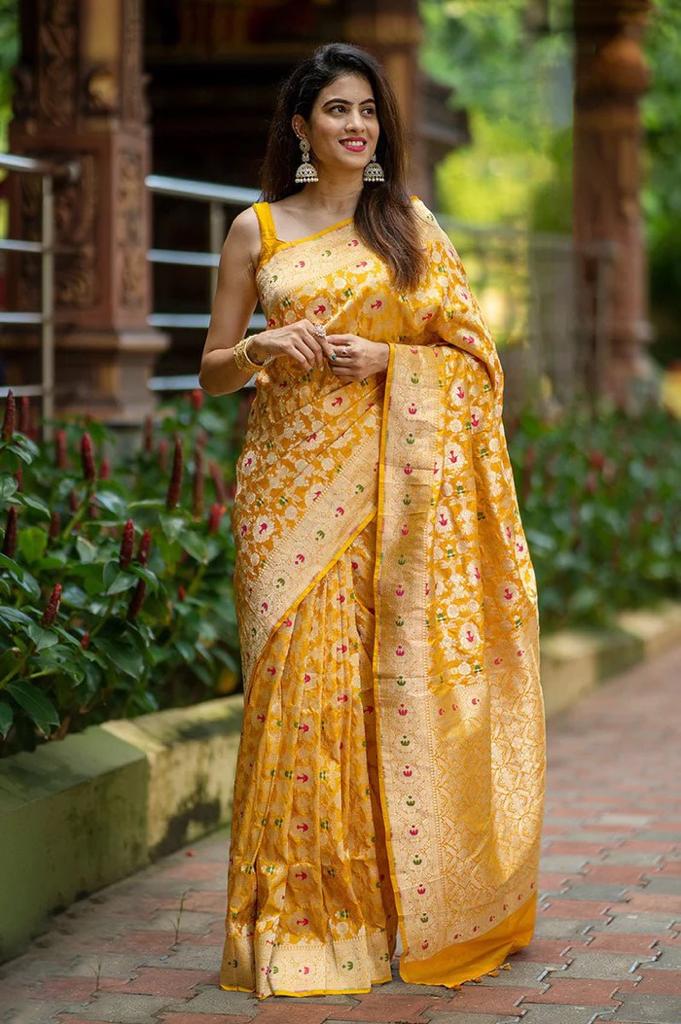 Yellow and Gold-toned Woven Design Zari Pure Cotton Banarasi Saree