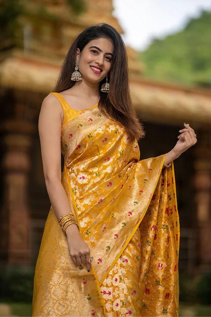 Yellow and Gold-toned Woven Design Zari Pure Cotton Banarasi Saree