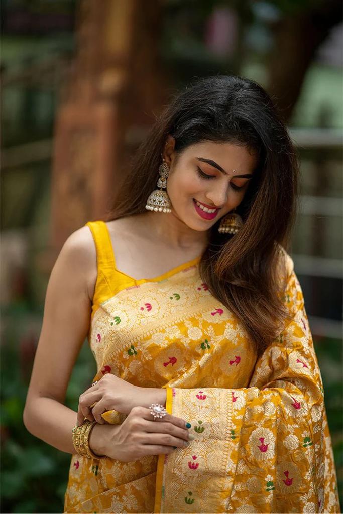 Yellow and Gold-toned Woven Design Zari Pure Cotton Banarasi Saree