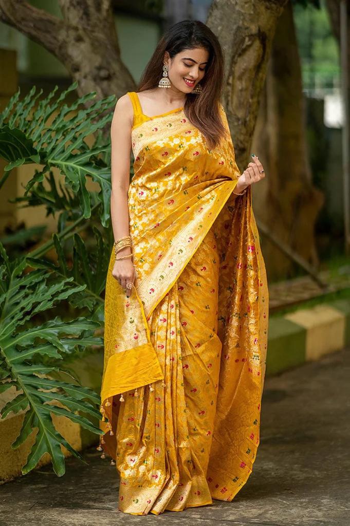 Yellow and Gold-toned Woven Design Zari Pure Cotton Banarasi Saree