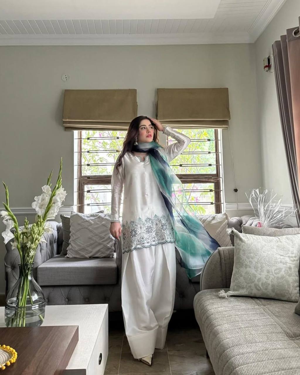 Designer Farsi Salwar Suit in Roman Silk with Dupatta