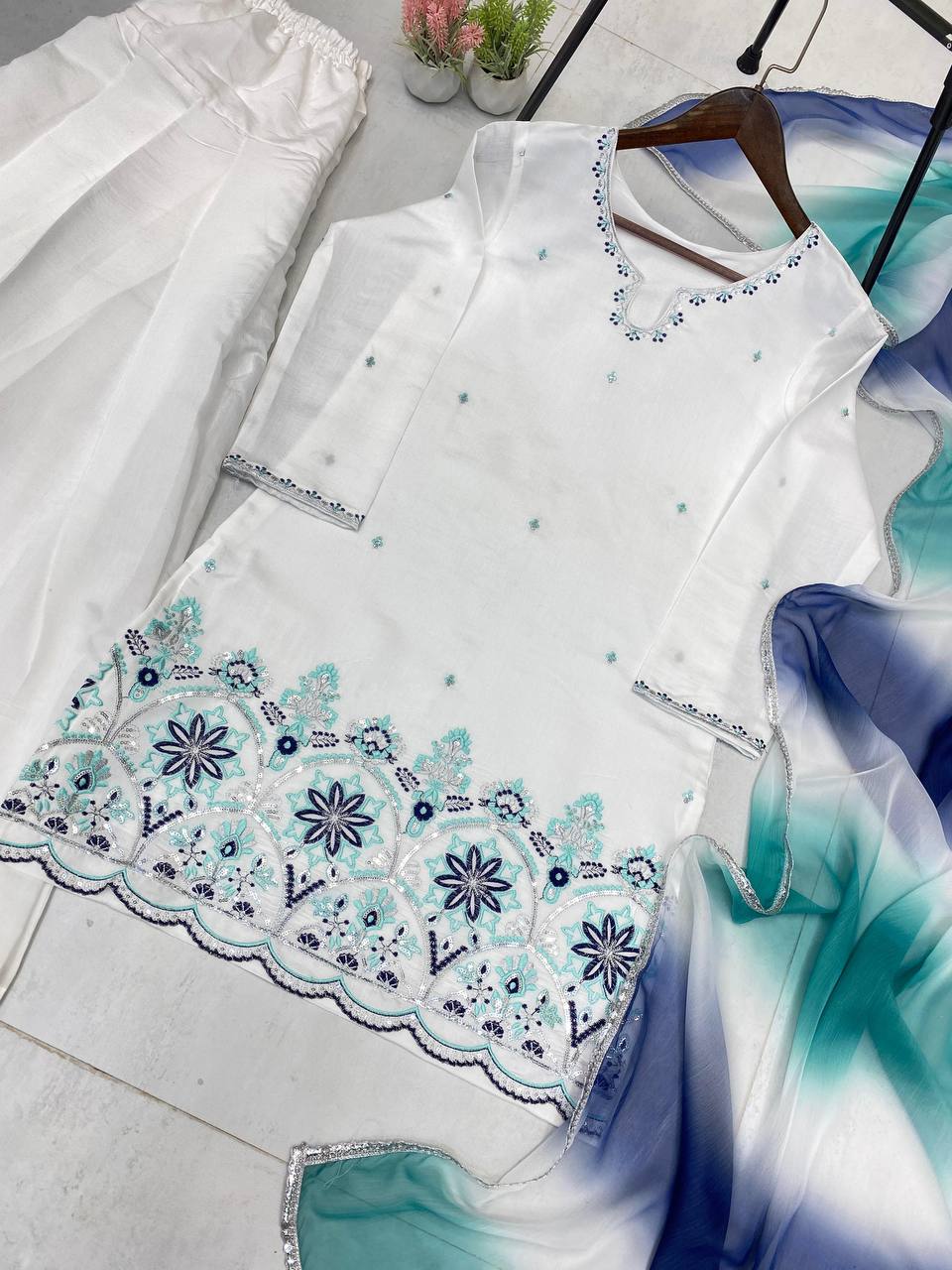 Designer Farsi Salwar Suit in Roman Silk with Dupatta