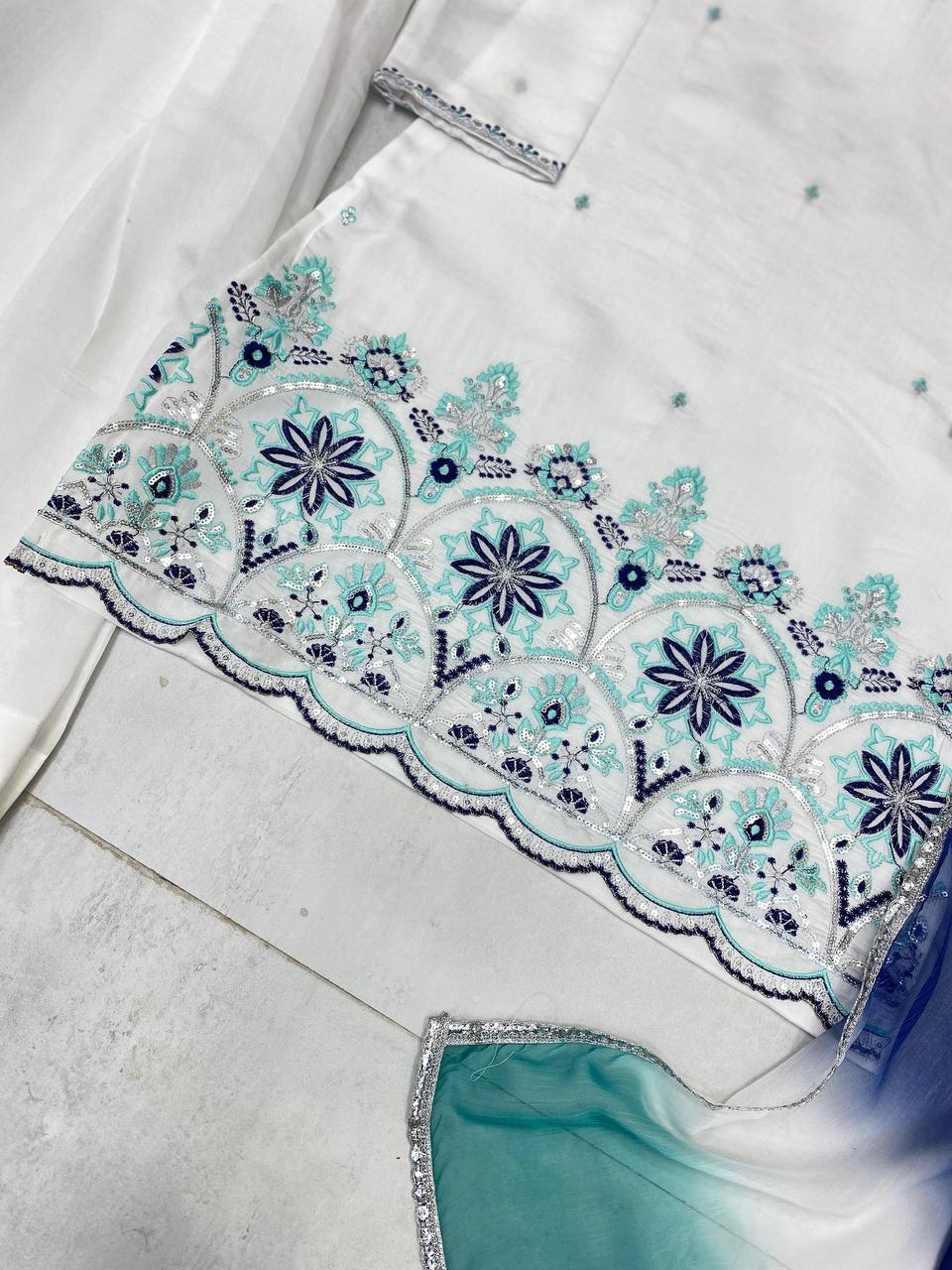 Designer Farsi Salwar Suit in Roman Silk with Dupatta