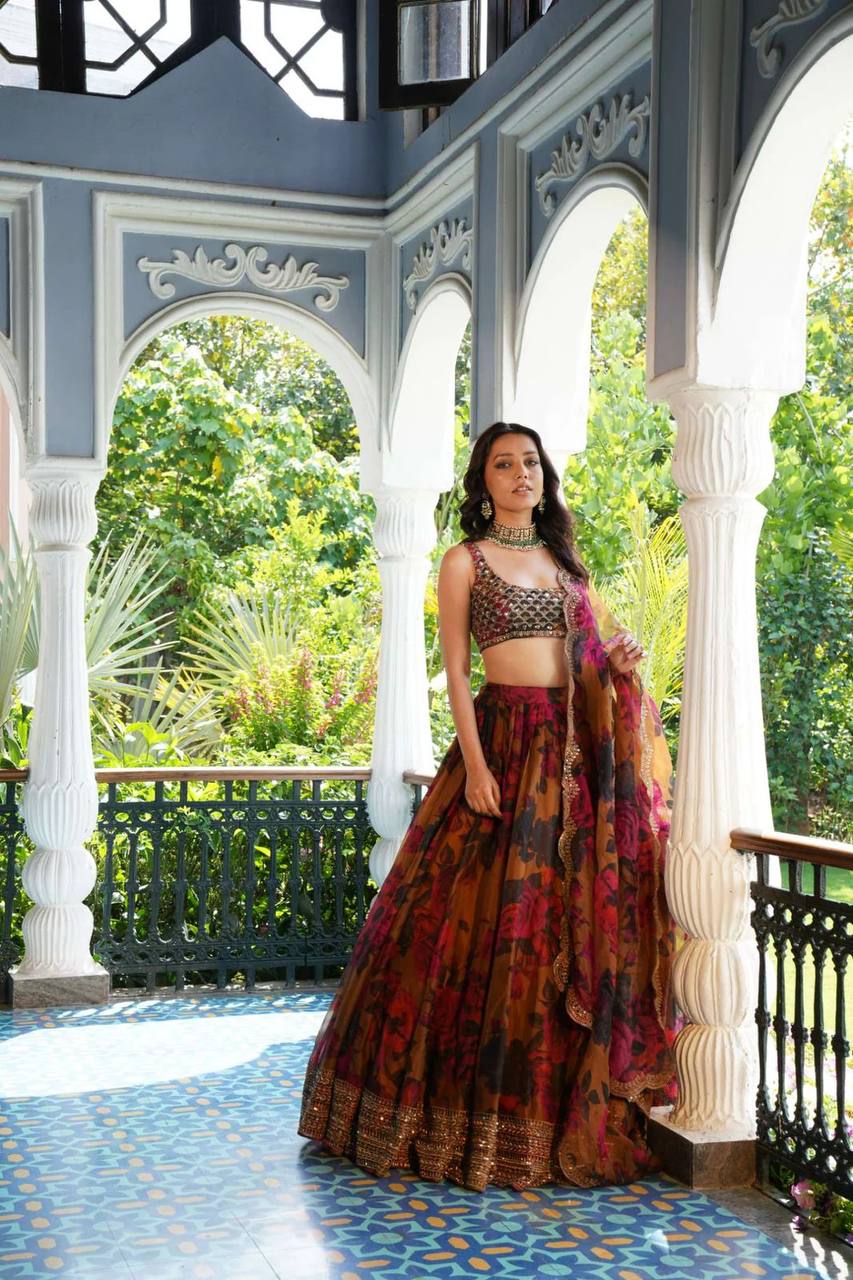 Designer Printed Tebi Organza Lehenga Choli with Sequence Embroidery & Dupatta