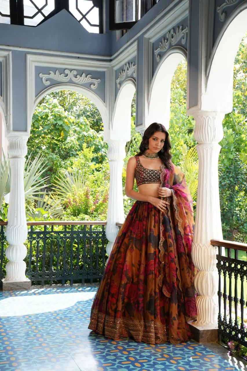 Designer Printed Tebi Organza Lehenga Choli with Sequence Embroidery & Dupatta