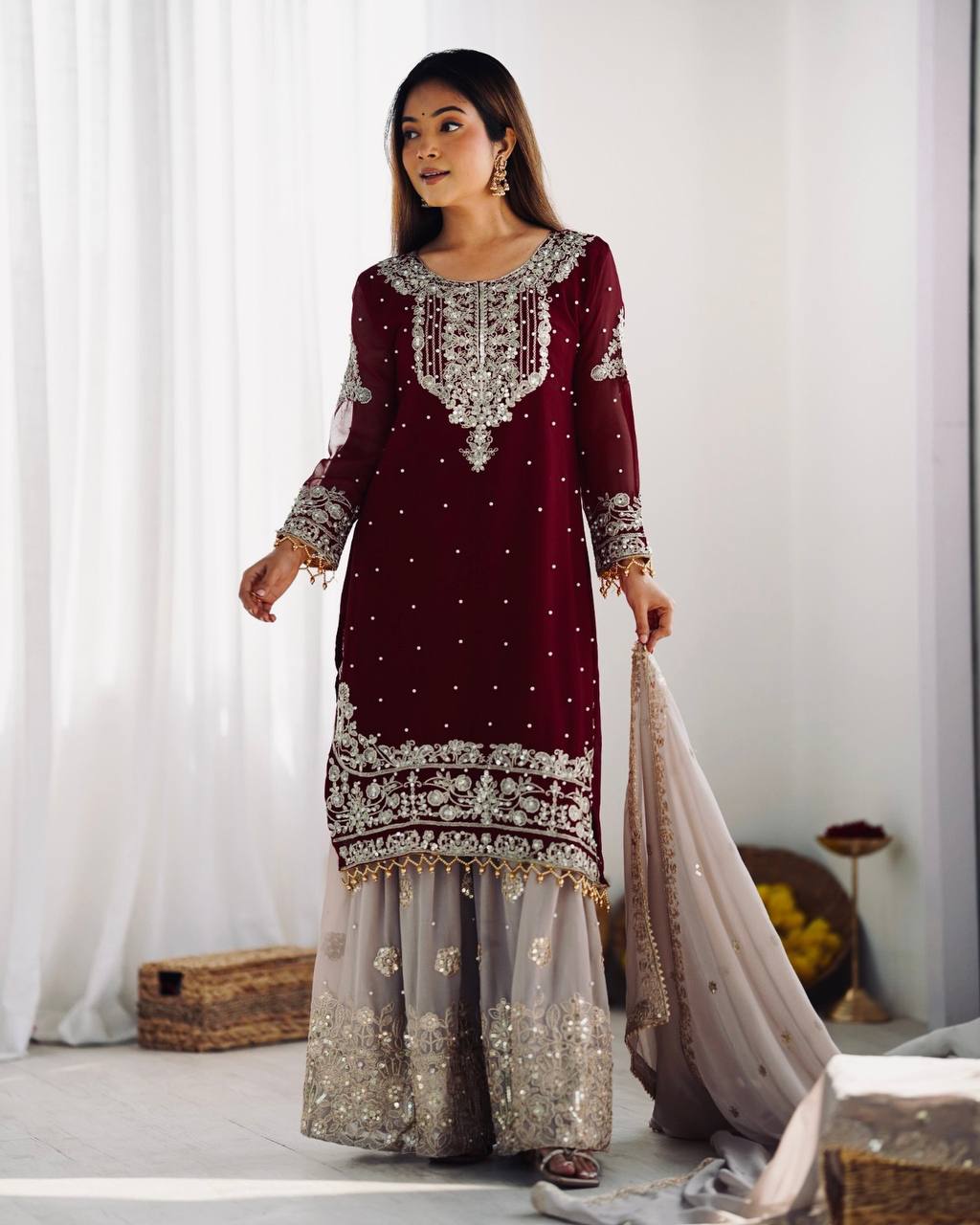 Designer Heavy Faux Georgette Embroidered Dupatta Set with Plazzo