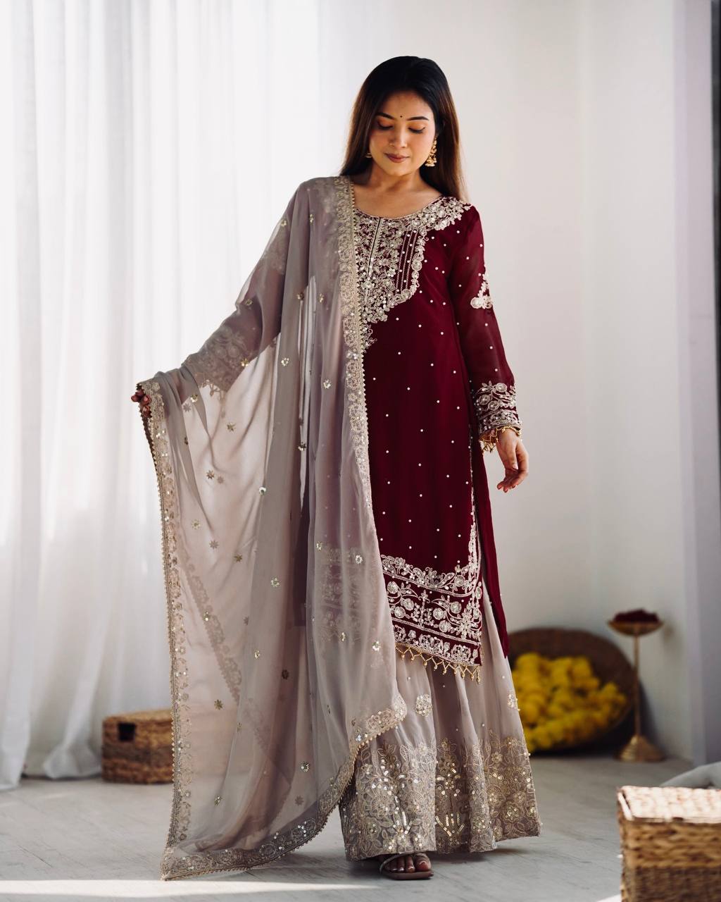 Designer Heavy Faux Georgette Embroidered Dupatta Set with Plazzo