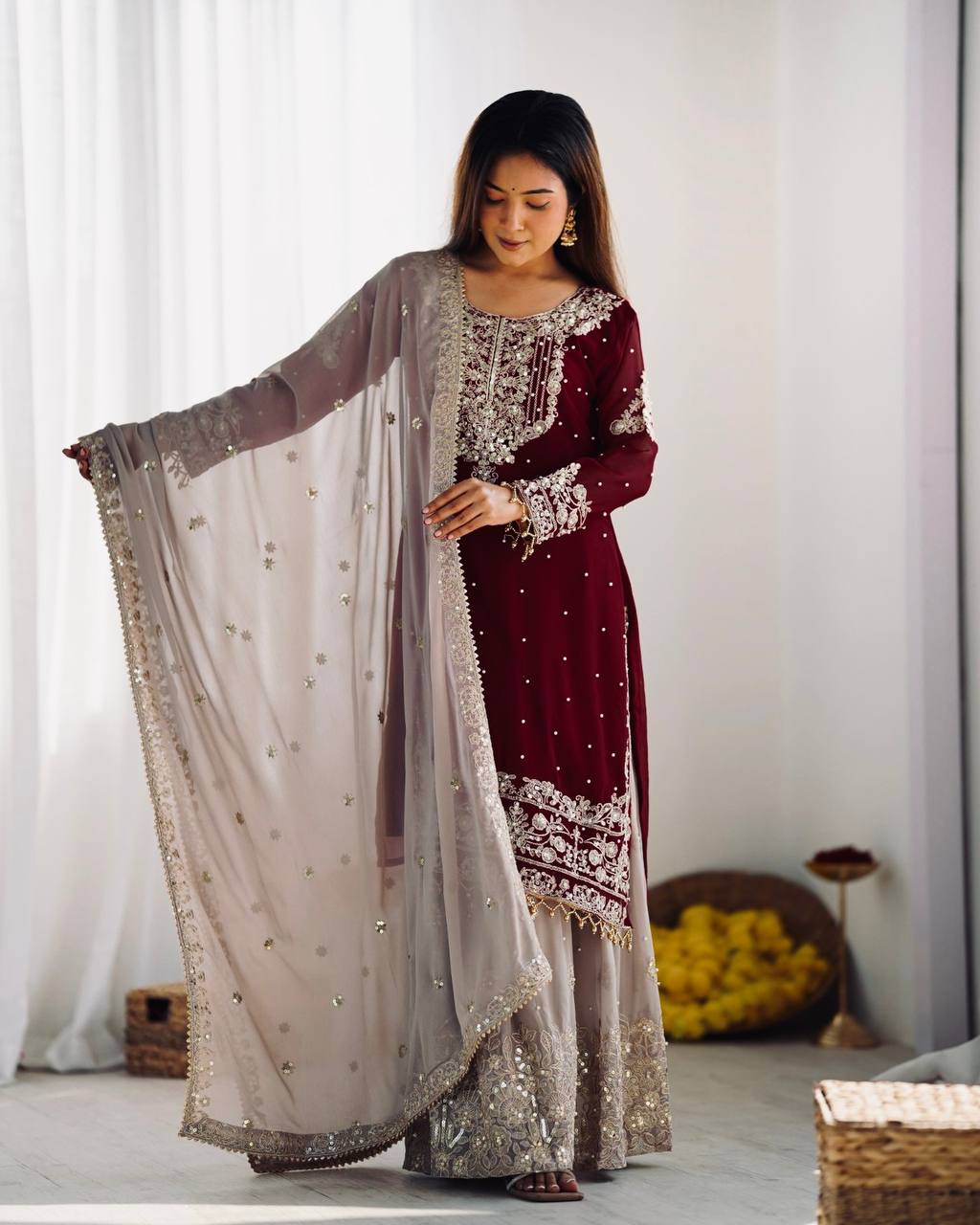 Designer Heavy Faux Georgette Embroidered Dupatta Set with Plazzo