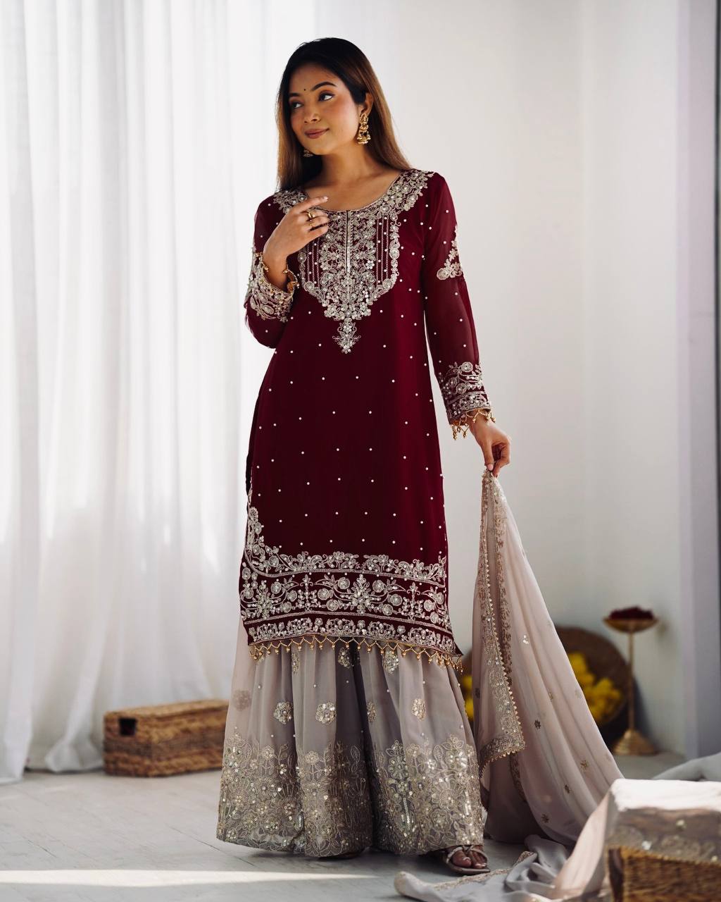 Designer Heavy Faux Georgette Embroidered Dupatta Set with Plazzo