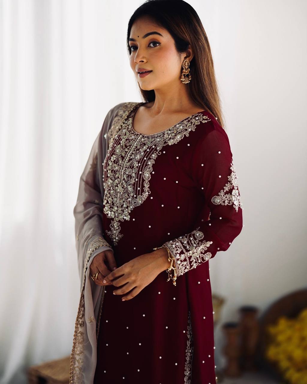 Designer Heavy Faux Georgette Embroidered Dupatta Set with Plazzo