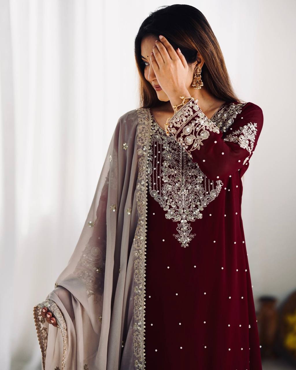 Designer Heavy Faux Georgette Embroidered Dupatta Set with Plazzo