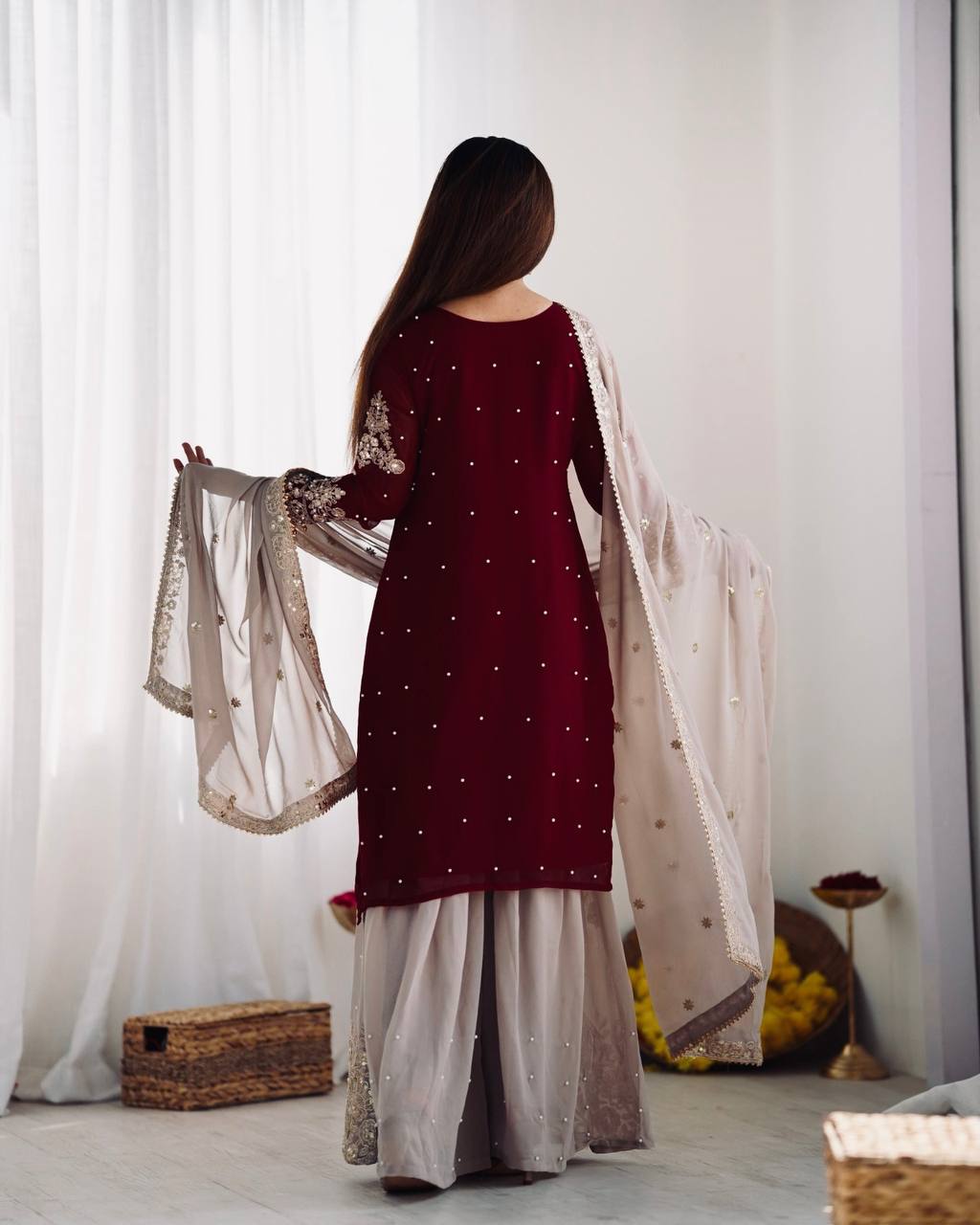 Designer Heavy Faux Georgette Embroidered Dupatta Set with Plazzo