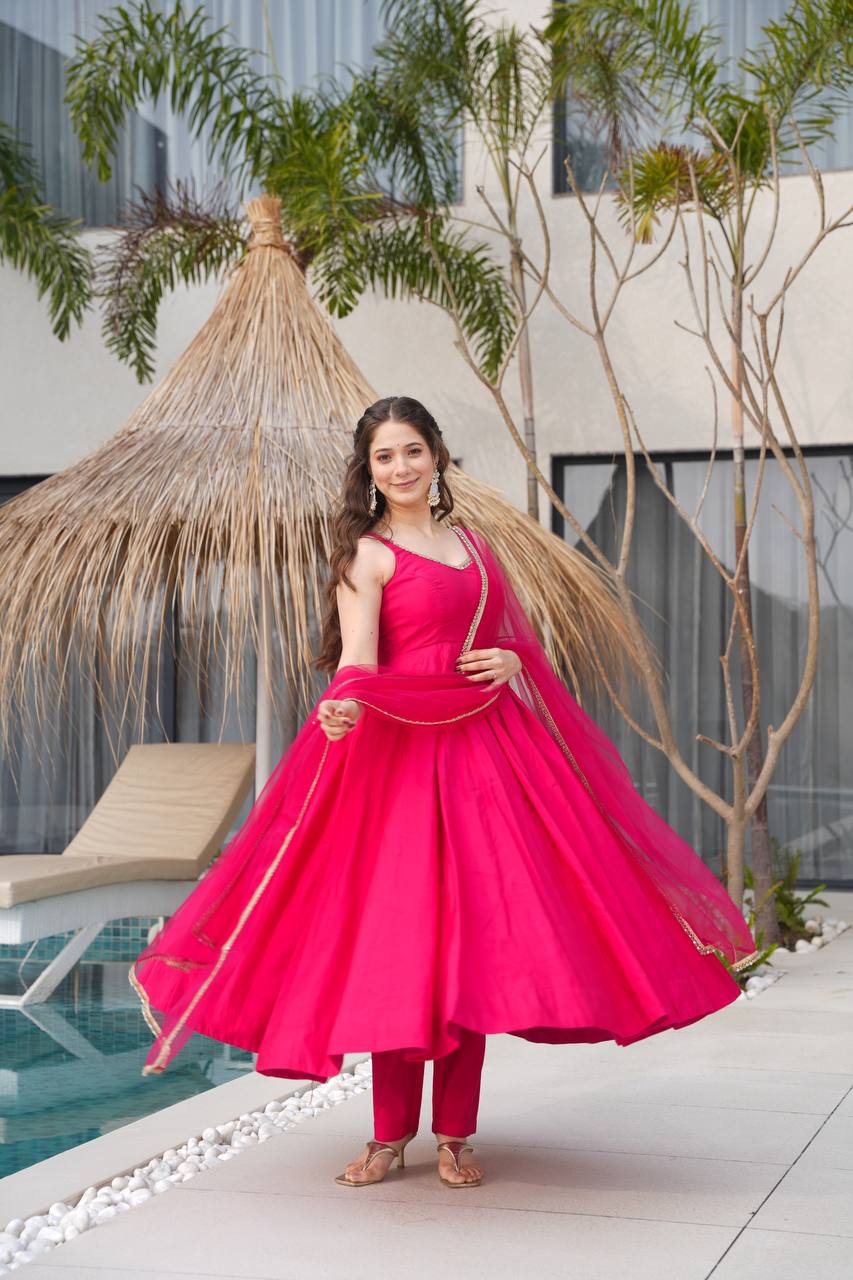 Designer Pure Roman Silk Chanderi Anarkali Set with Dupatta & Pant
