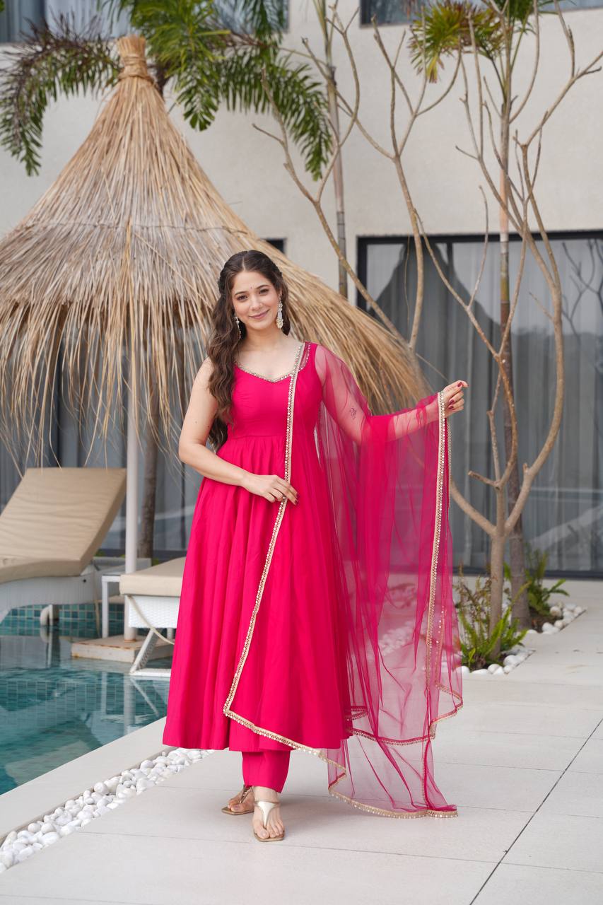 Designer Pure Roman Silk Chanderi Anarkali Set with Dupatta & Pant