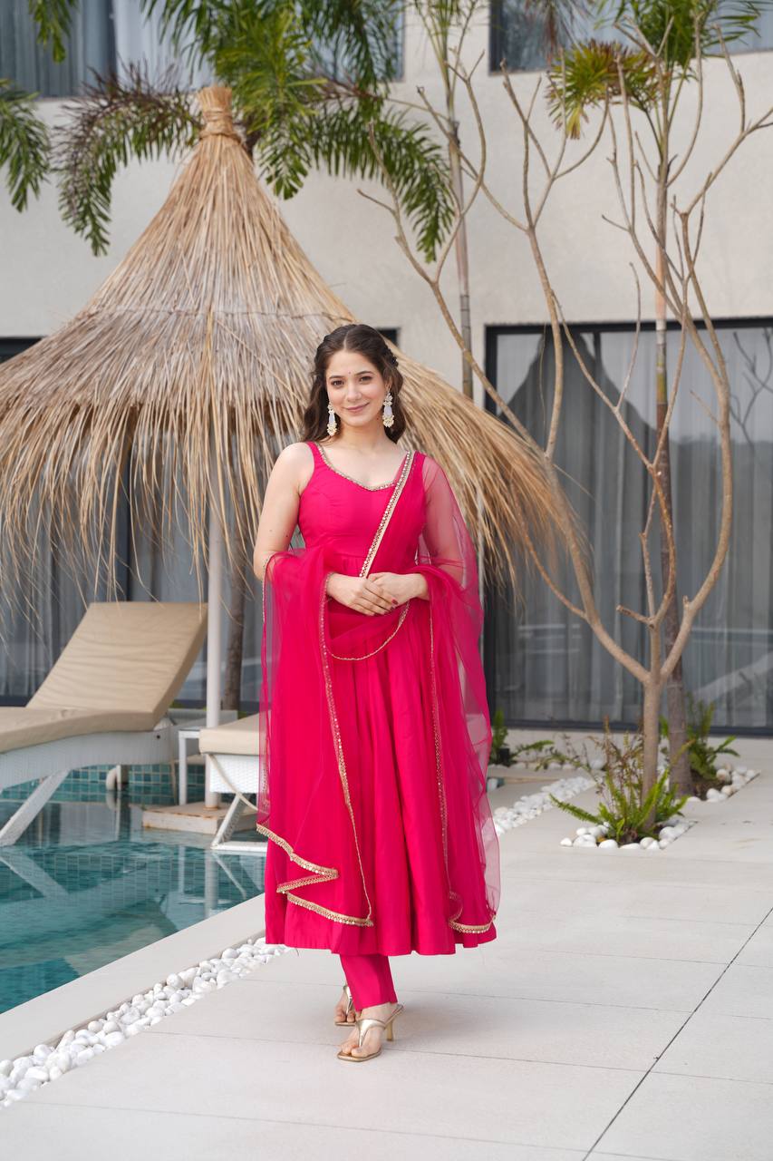 Designer Pure Roman Silk Chanderi Anarkali Set with Dupatta & Pant