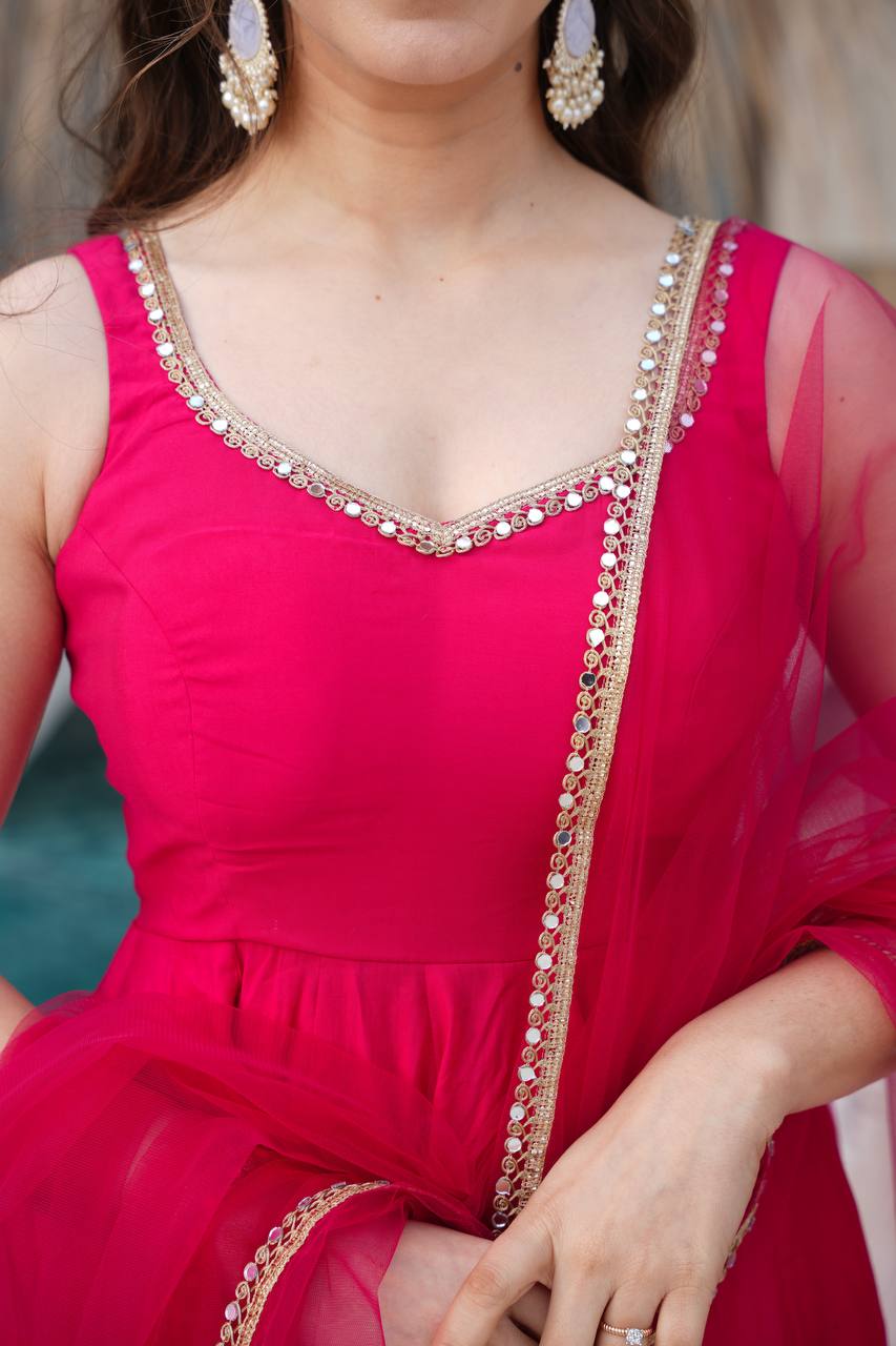 Designer Pure Roman Silk Chanderi Anarkali Set with Dupatta & Pant