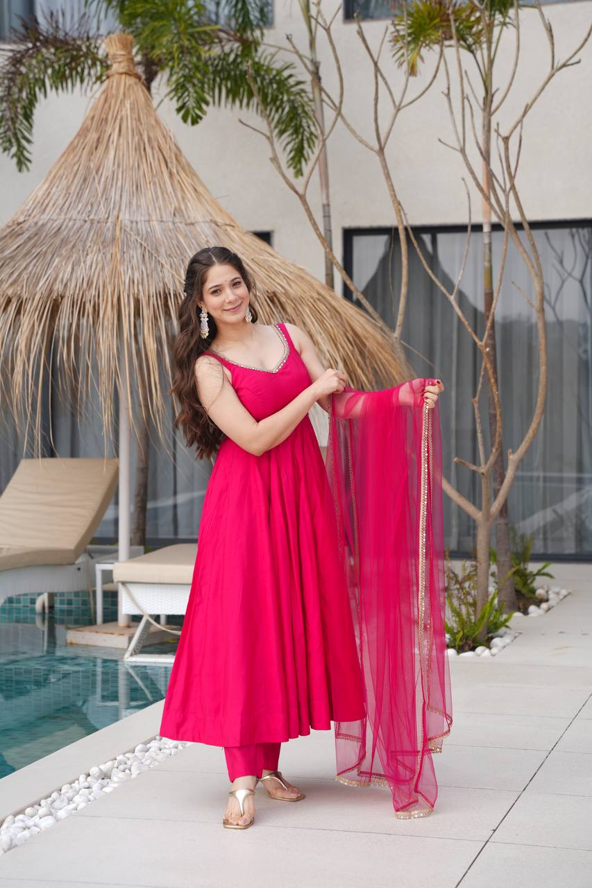 Designer Pure Roman Silk Chanderi Anarkali Set with Dupatta & Pant