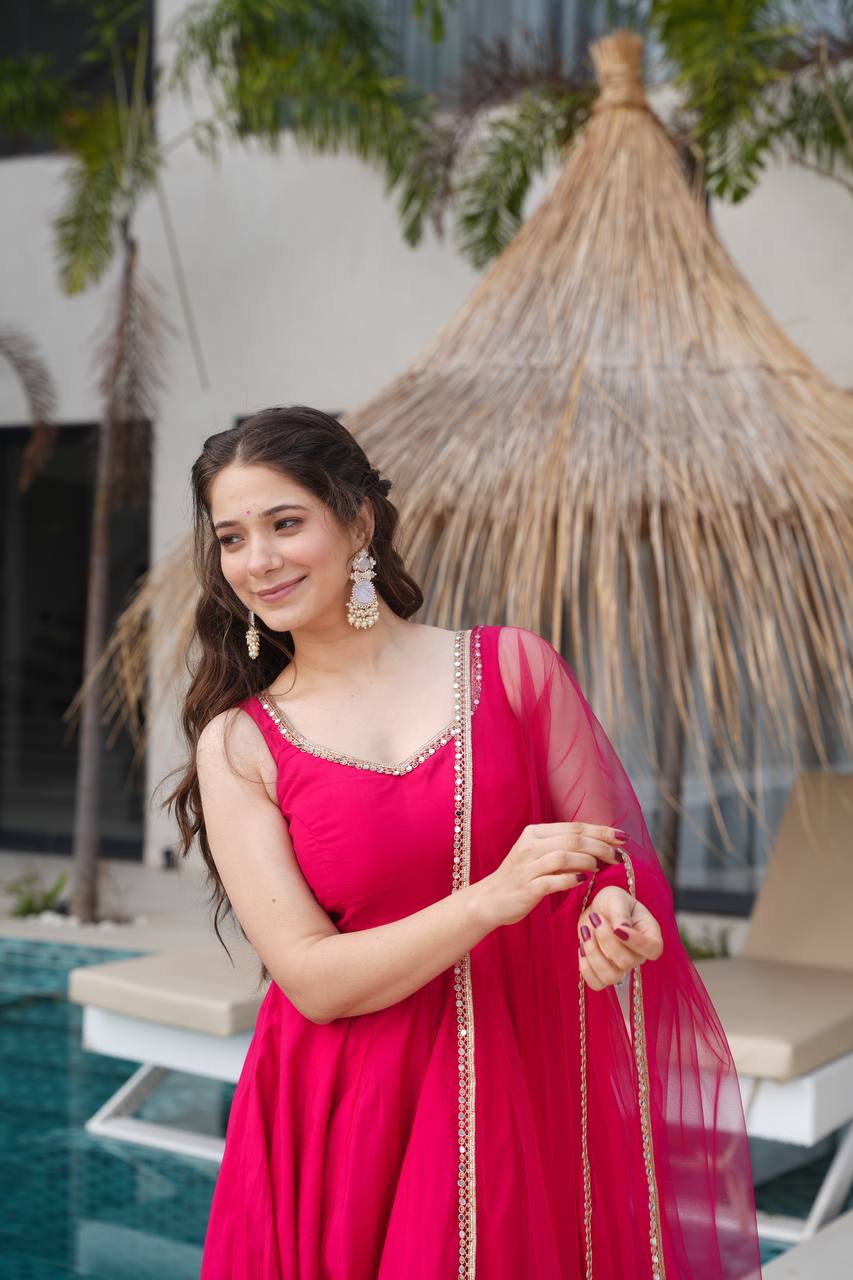 Designer Pure Roman Silk Chanderi Anarkali Set with Dupatta & Pant