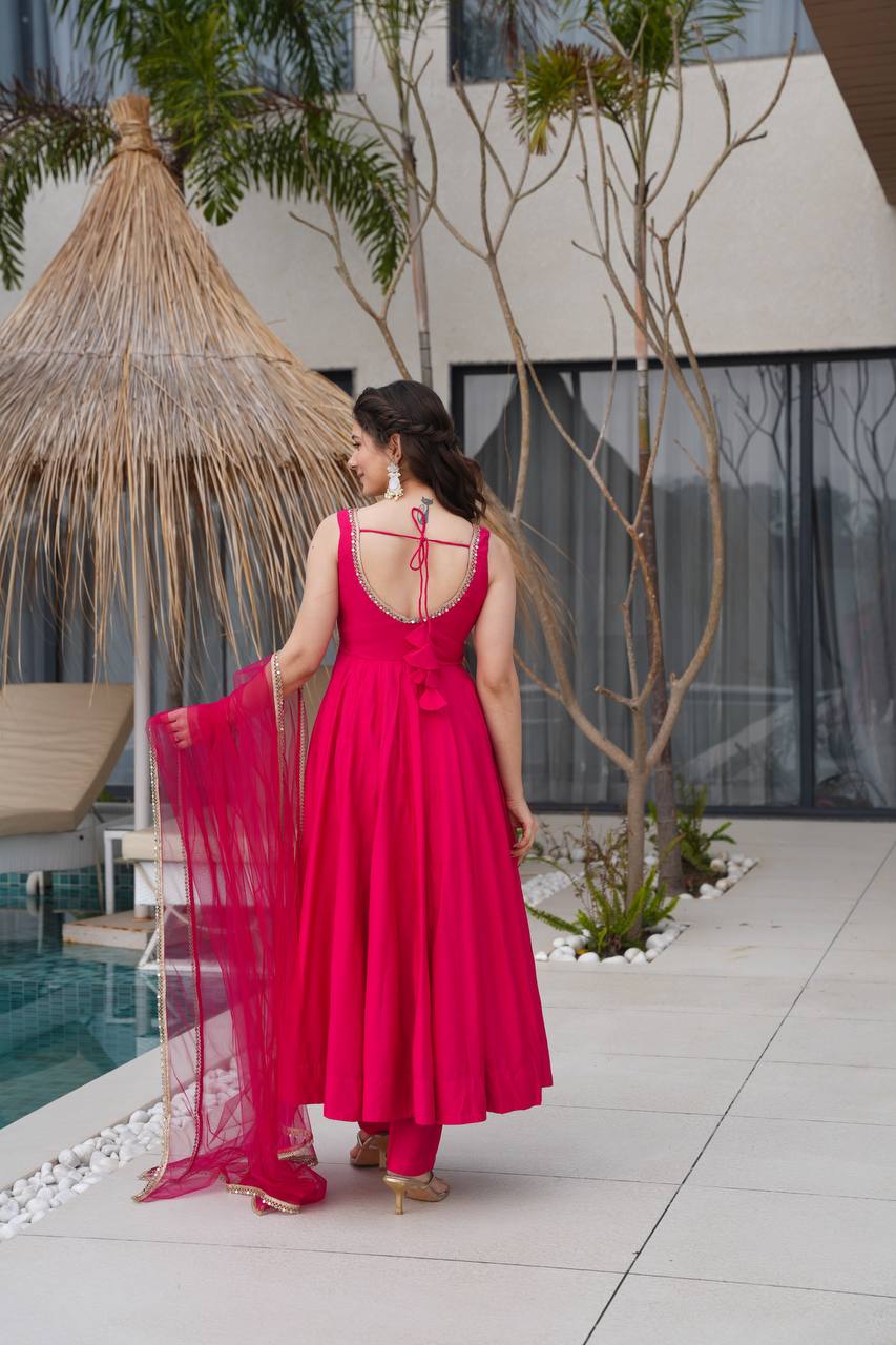 Designer Pure Roman Silk Chanderi Anarkali Set with Dupatta & Pant
