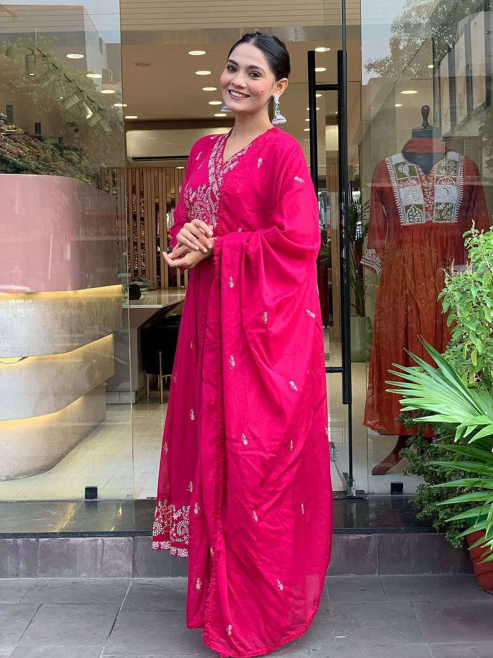 Festive Roman Silk Embroidered Gown Set with Pant & Dupatta