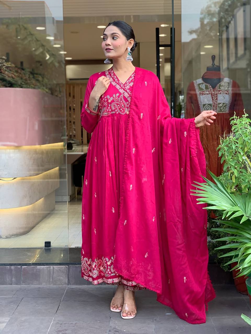 Festive Roman Silk Embroidered Gown Set with Pant & Dupatta