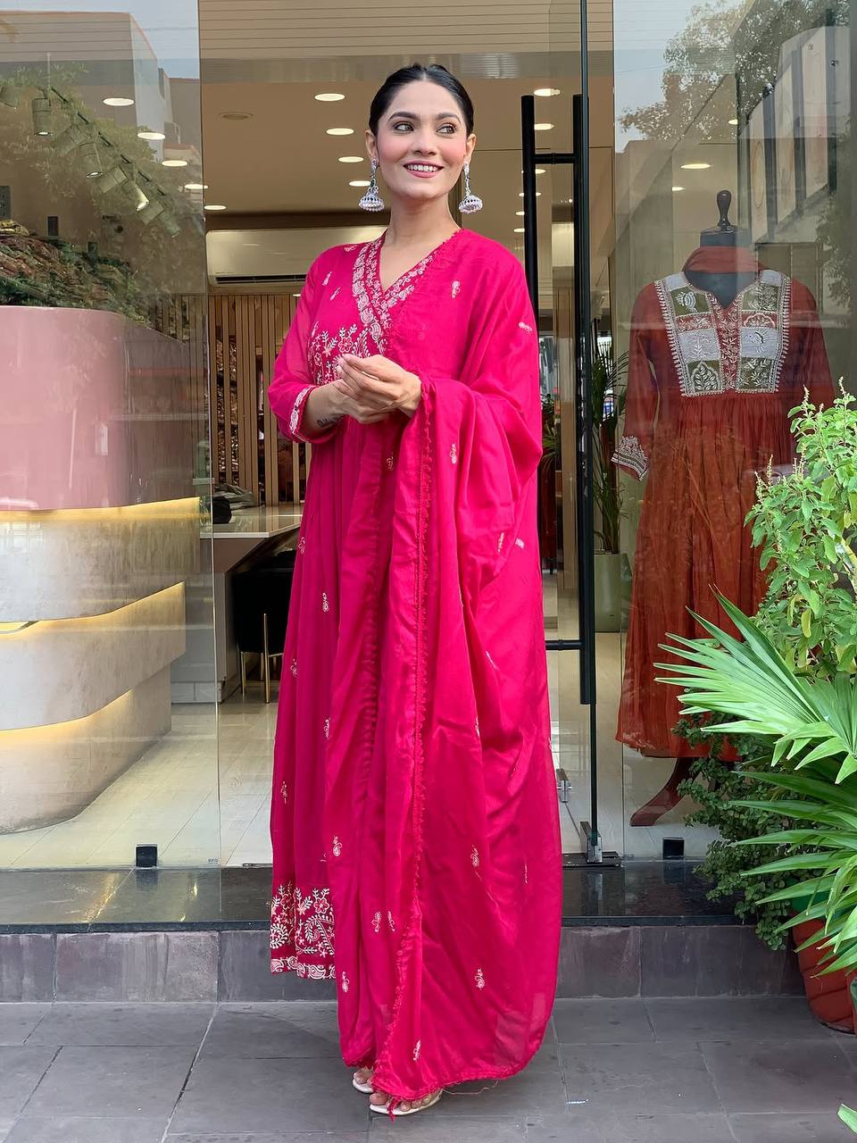Festive Roman Silk Embroidered Gown Set with Pant & Dupatta