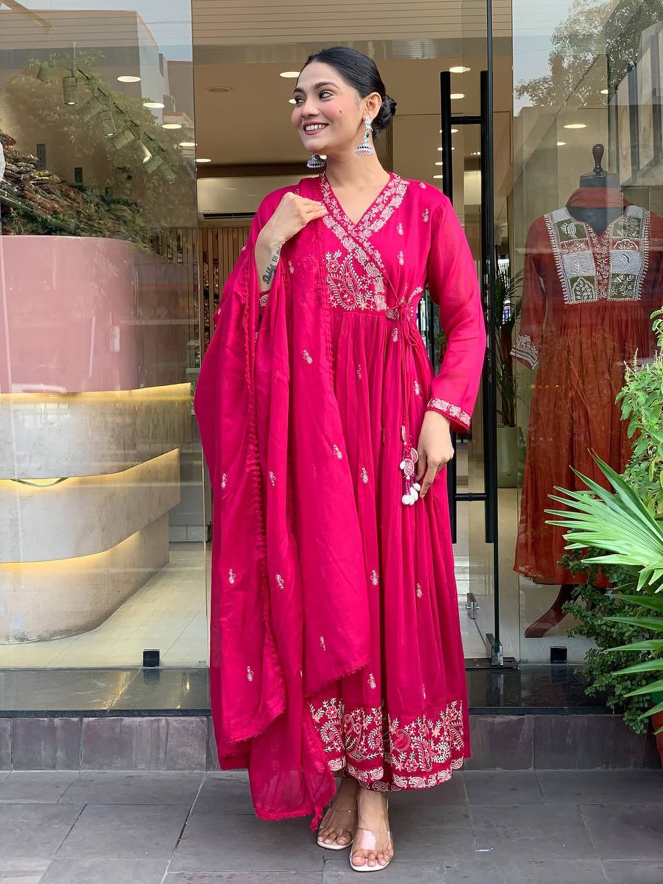 Festive Roman Silk Embroidered Gown Set with Pant & Dupatta