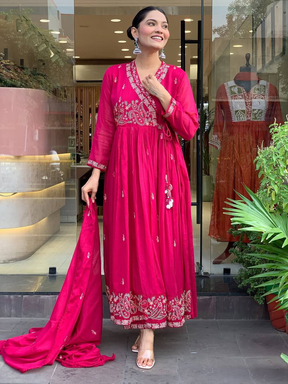 Festive Roman Silk Embroidered Gown Set with Pant & Dupatta