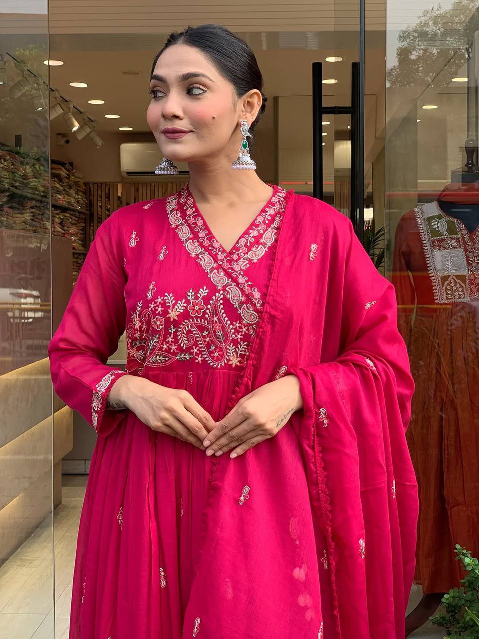 Festive Roman Silk Embroidered Gown Set with Pant & Dupatta