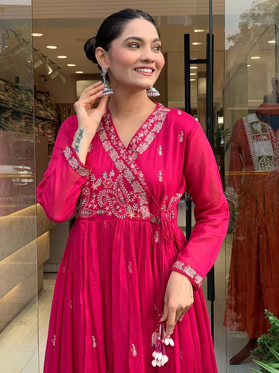 Festive Roman Silk Embroidered Gown Set with Pant & Dupatta