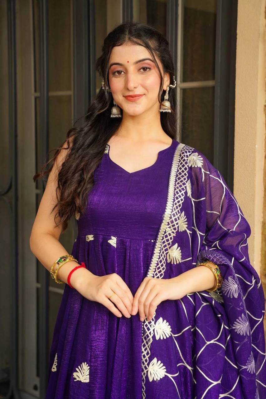 Designer Fendy Silk Embroidered Gown Set with Plazzo & Dupatta