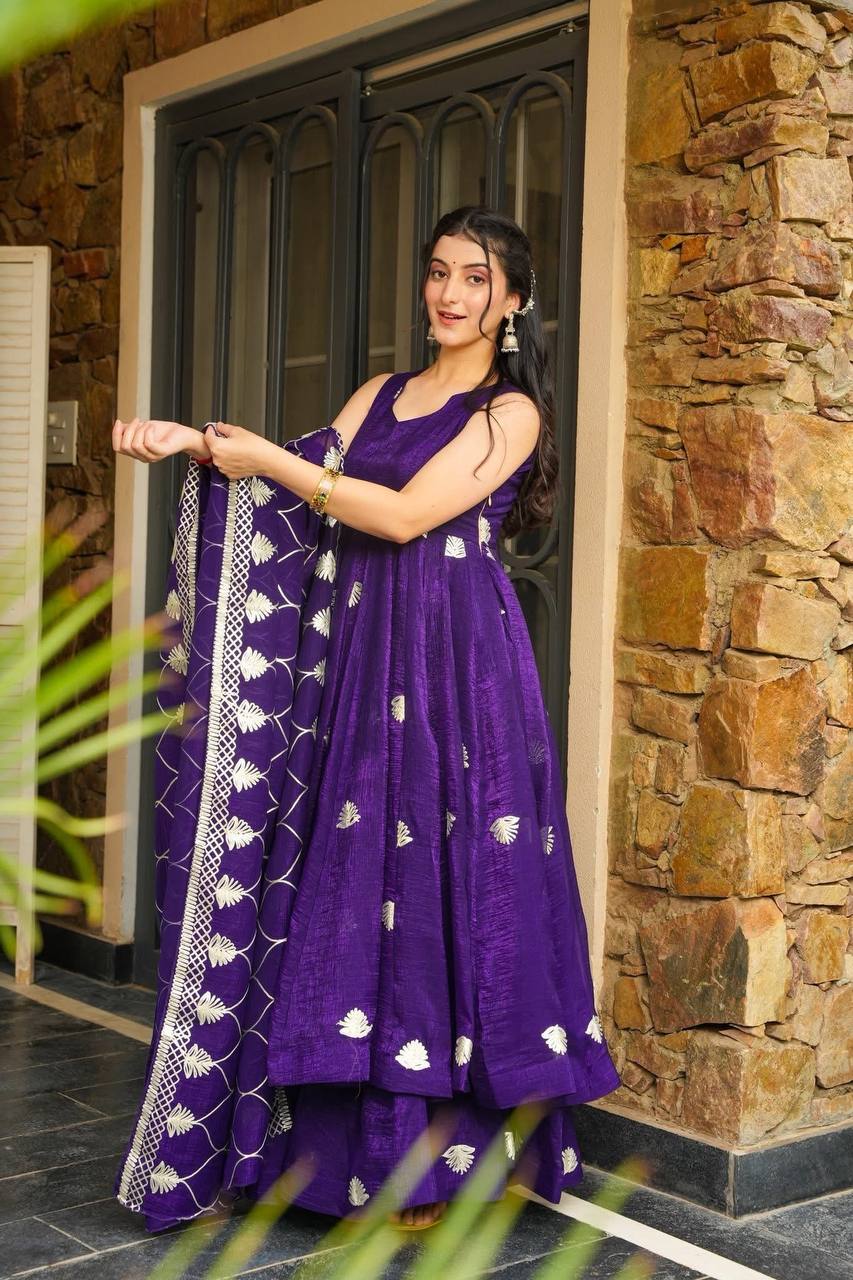 Designer Fendy Silk Embroidered Gown Set with Plazzo & Dupatta