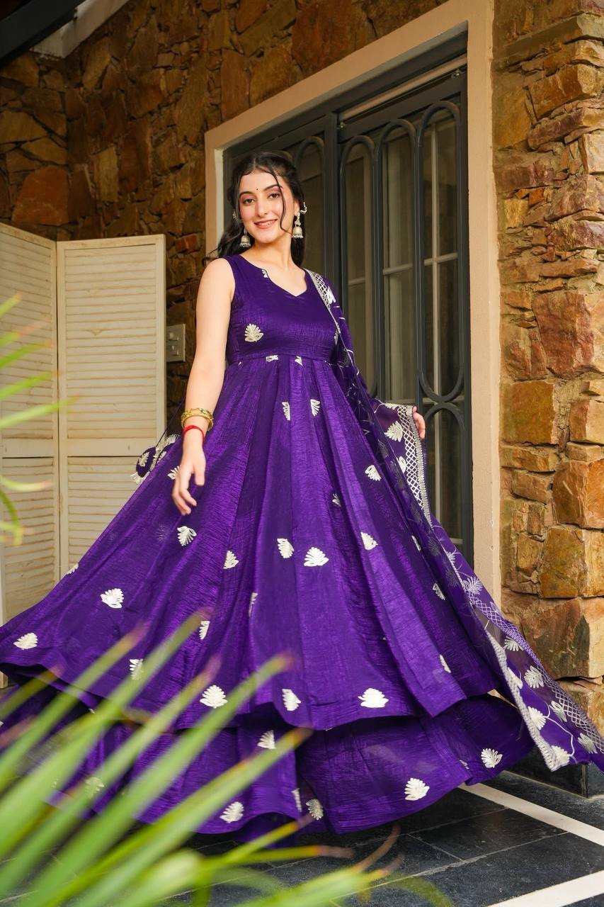 Designer Fendy Silk Embroidered Gown Set with Plazzo & Dupatta