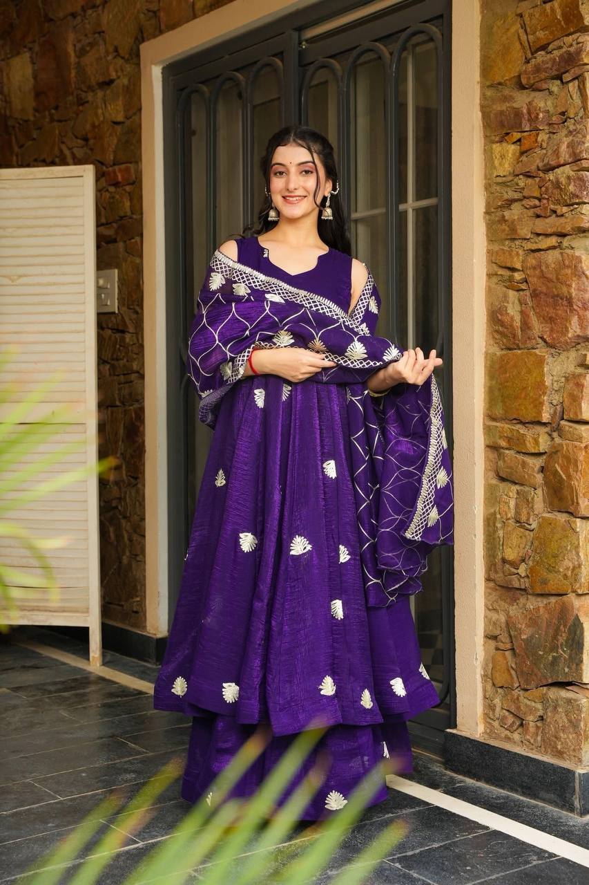 Designer Fendy Silk Embroidered Gown Set with Plazzo & Dupatta
