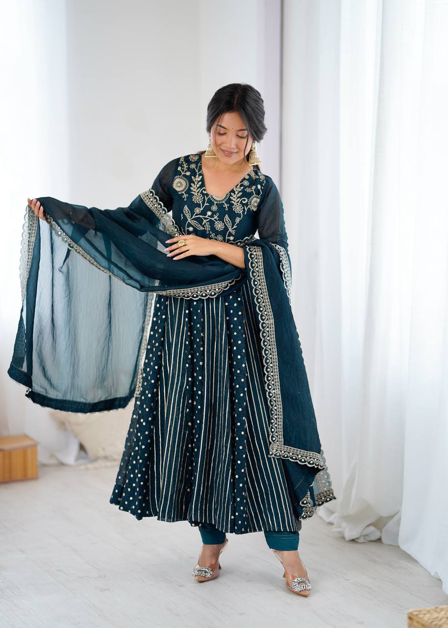 Festive Anarkali Gown Set in Crunchy Silk with Pant & Dupatta (Wine, Rama)