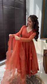Faux Georgette Embroidered Gown Set with Pant & Dupatta (Green, Orange)