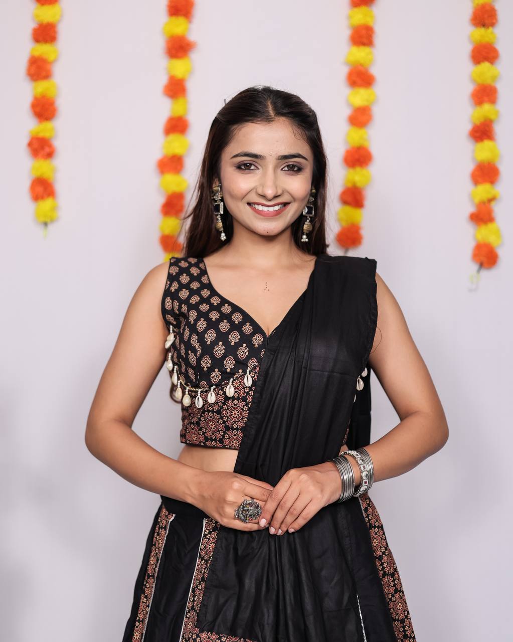 Navratri Collection 2025 Pure Rayon Cotton Ajrakh Print Lehenga Choli with Dupatta (Black, Orange)
