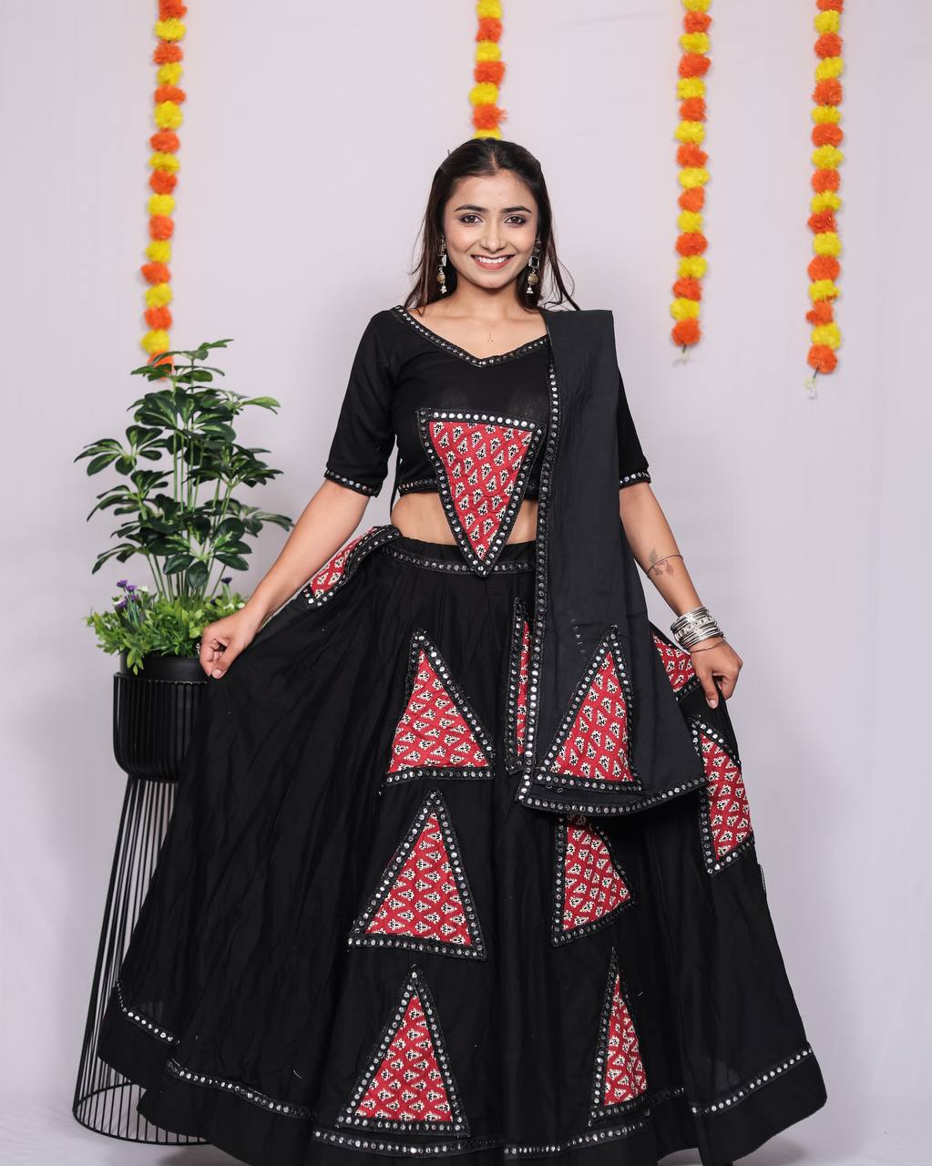 Navratri 2025 Khadi Cotton Ajrakh Patchwork Lehenga Choli with Dupatta (Black, White)