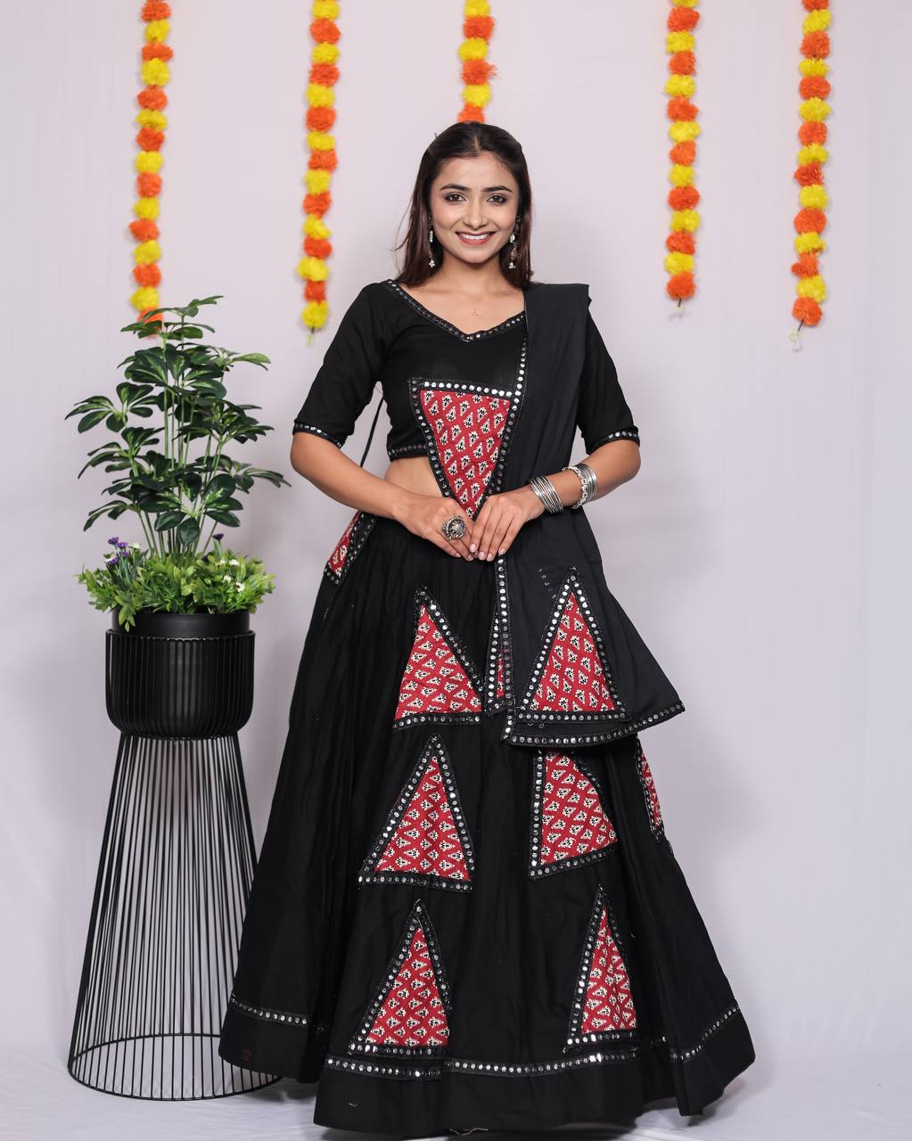 Navratri 2025 Khadi Cotton Ajrakh Patchwork Lehenga Choli with Dupatta (Black, White)