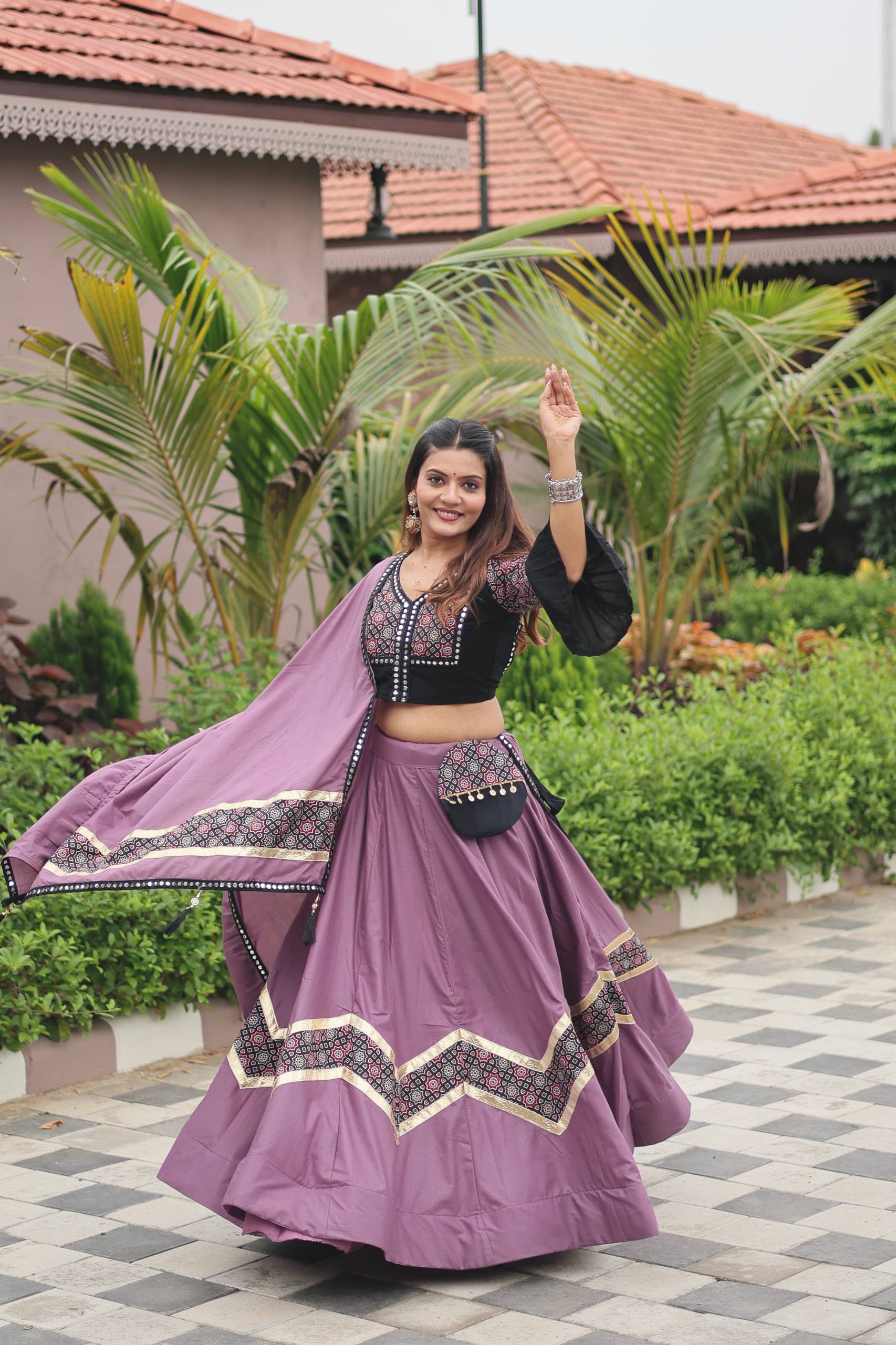 Navratri Special Ajrakh Cotton Lehenga Choli with Dupatta and Hand Purse