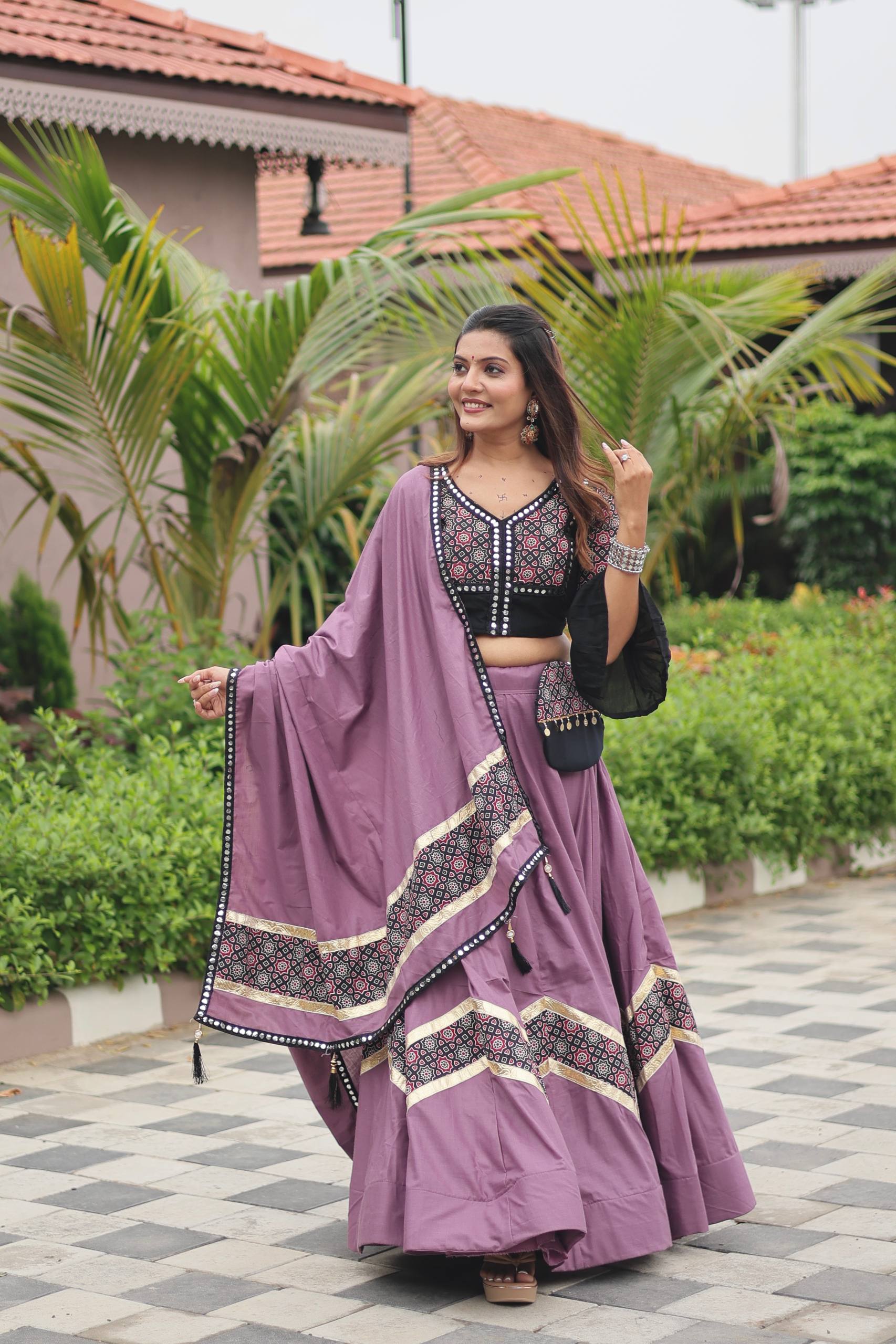 Navratri Special Ajrakh Cotton Lehenga Choli with Dupatta and Hand Purse