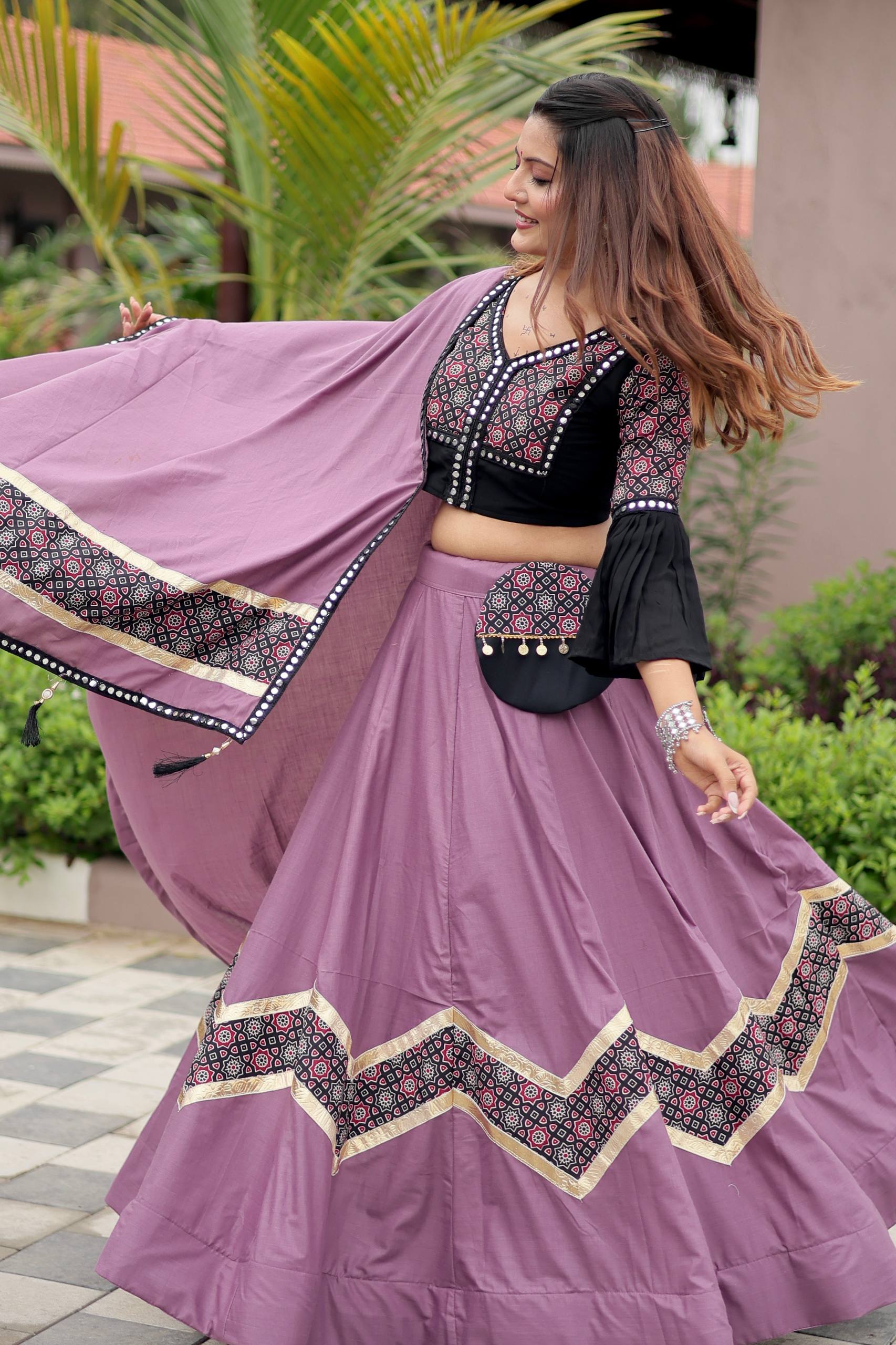 Navratri Special Ajrakh Cotton Lehenga Choli with Dupatta and Hand Purse
