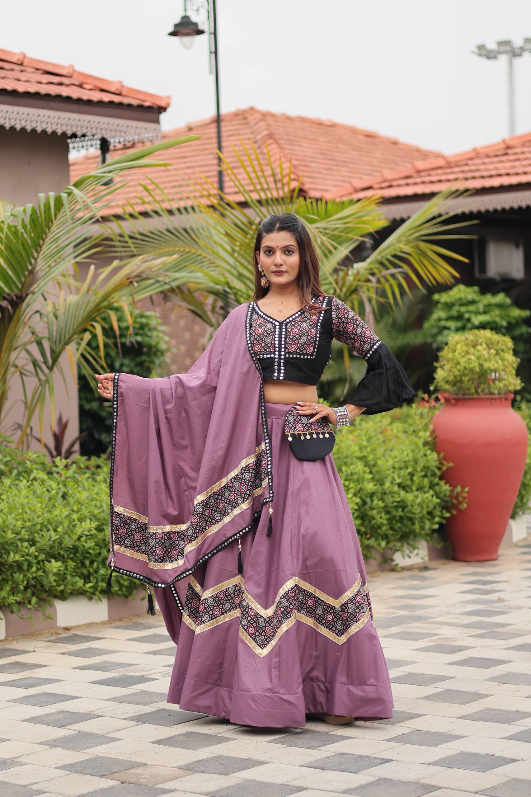 Navratri Special Ajrakh Cotton Lehenga Choli with Dupatta and Hand Purse